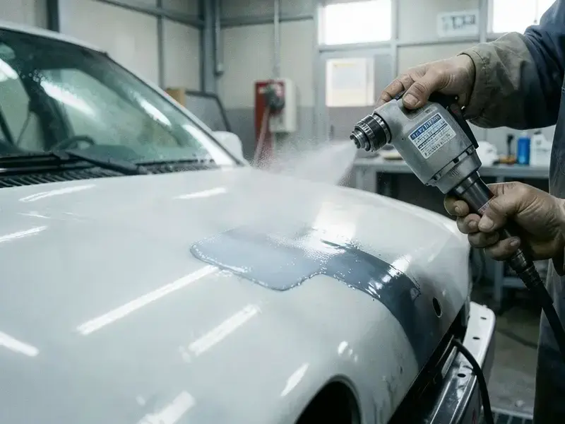 水性ベースコートが吹き付けられている様子