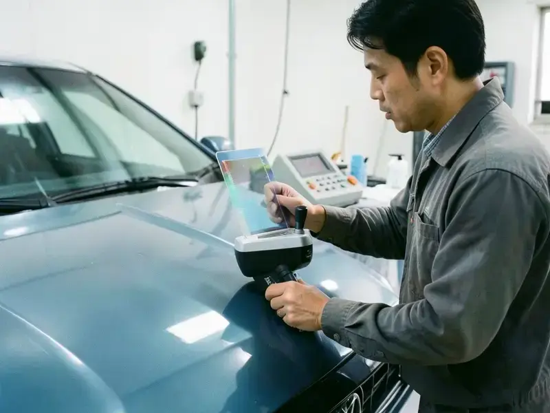 X-Rite 分光測色器で車両色を計測している様子