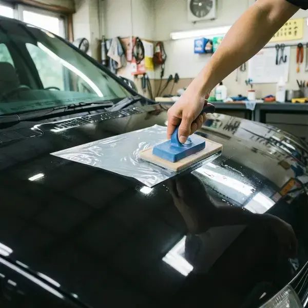 XPEL プロテクションフィルムを施工中のボンネット